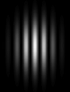 Figure de diffraction observée à l'écran. [« Double slit simulated ». Sous licence Domaine public via Wikimedia Commons - https://commons.wikimedia.org/wiki/File:Double_slit_simulated.jpg#/media/File:Double_slit_simulated.jpg]