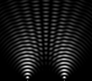 Expérience des Trou d'Young. La lumière passe par deux petites fentes. Elle se diffuse de l'autre côté et interfère. On observe ensuite le résultat sur un écran.[« Double slit simulated 2 ». Sous licence Domaine public via Wikimedia Commons - https://commons.wikimedia.org/wiki/File:Double_slit_simulated_2.jpg#/media/File:Double_slit_simulated_2.jpg]