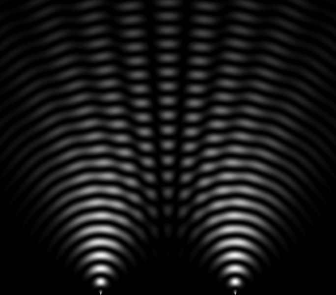 Expérience des Trou d'Young. La lumière passe par deux petites fentes. Elle se diffuse de l'autre côté et interfère. On observe ensuite le résultat sur un écran.[« Double slit simulated 2 ». Sous licence Domaine public via Wikimedia Commons - https://commons.wikimedia.org/wiki/File:Double_slit_simulated_2.jpg#/media/File:Double_slit_simulated_2.jpg]