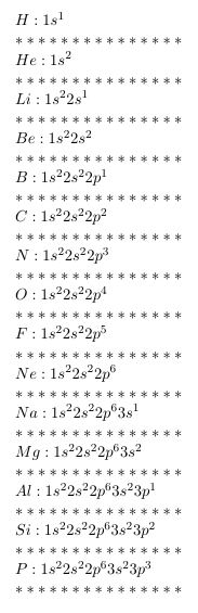 Ecriture électronique des premiers atomes suivant la règle de Klechkowski. Pour la construction du tableau périodique, il est intéressant de regarder la dernière couche et la dernière sous-couche. 