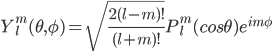 Y^m_l(\theta,\phi)=\sqrt{\frac{2(l-m)!}{(l+m)!}}P^m_l(cos{\theta})e^{im\phi}